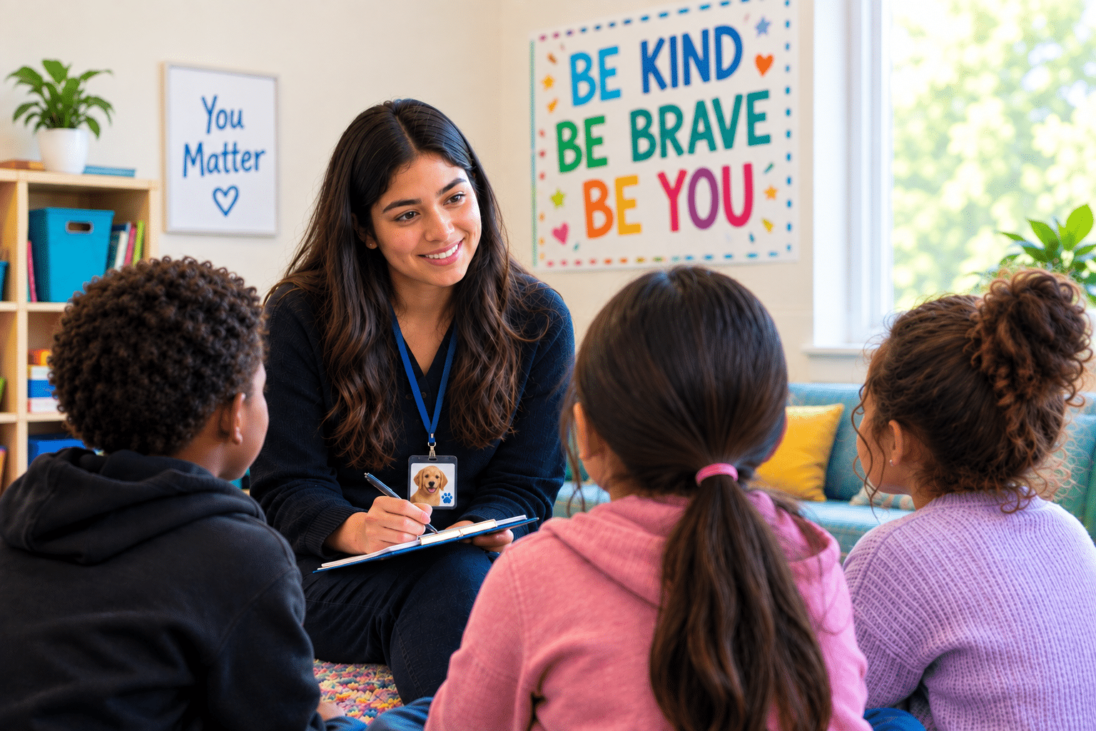Clinician speaking with children